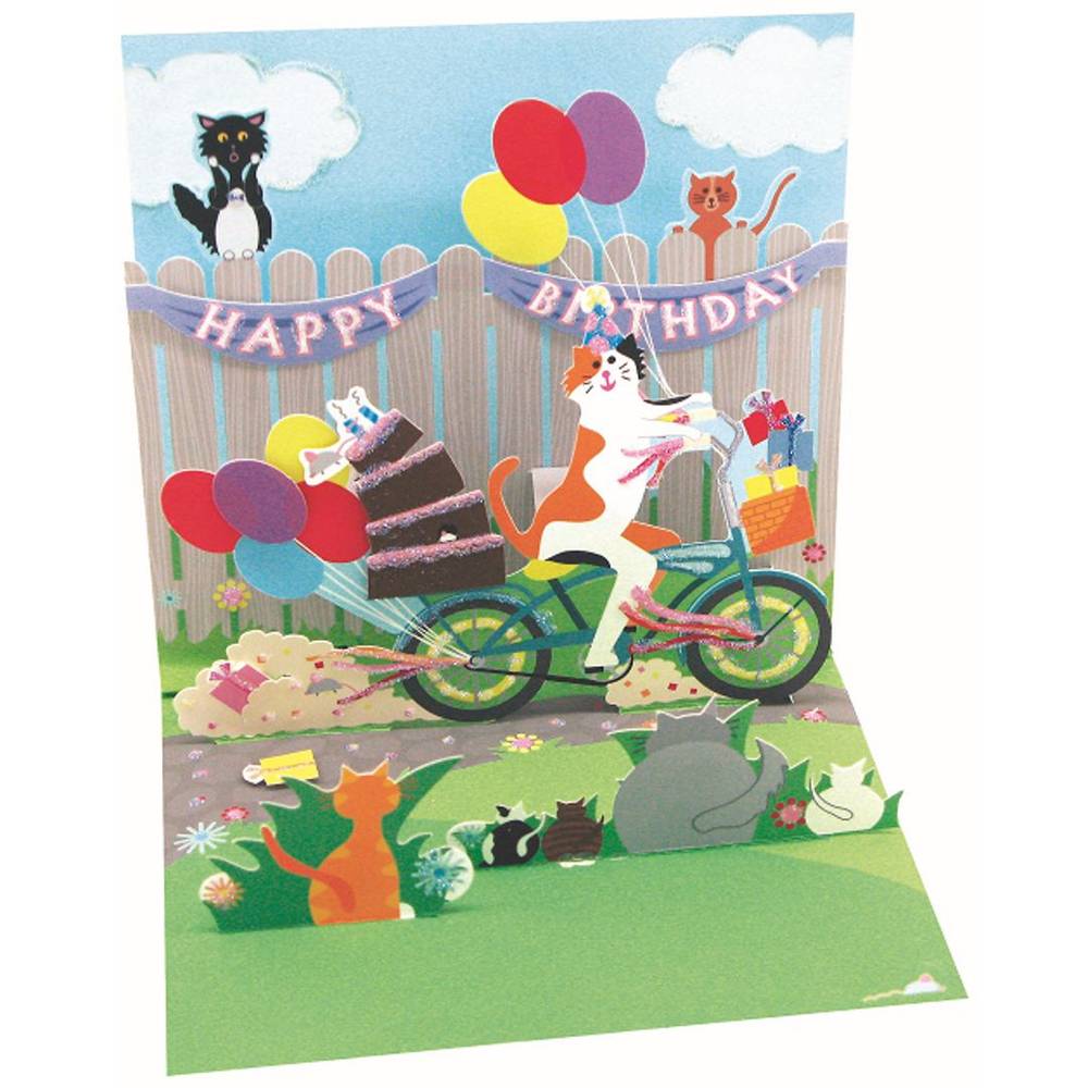 Uwp S&S Popup Card Cat And Cake Bike Ride