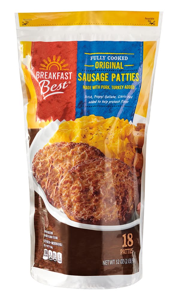 Breakfast Best Fully Cooked Original Sausage Patties, Pork Turkey (32 oz, 18 ct)