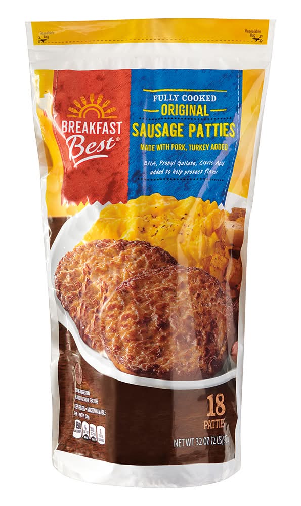 Breakfast Best Fully Cooked Original Sausage Patties, Pork Turkey (32 oz, 18 ct)