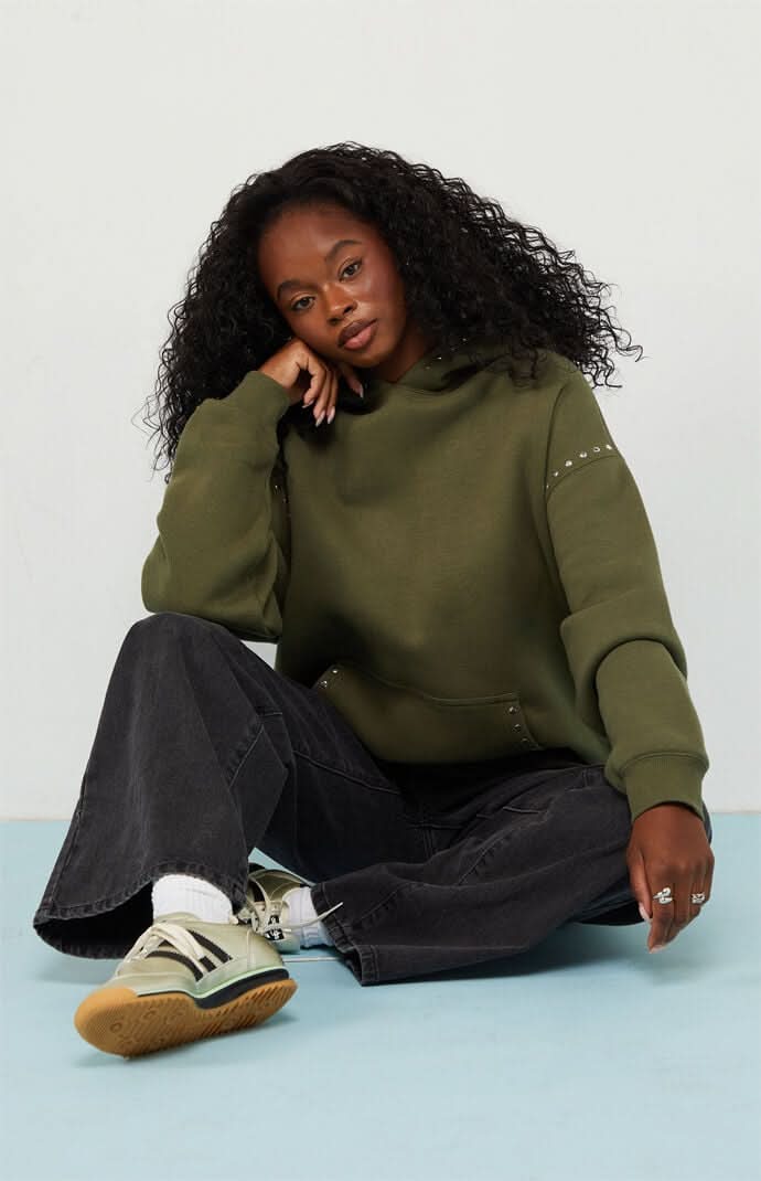 Women's  Studded Solid Pullover Hoodie Green S