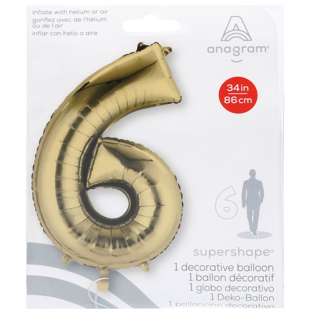 Anagram Number 6 Foil Balloon, 34 in, Gold