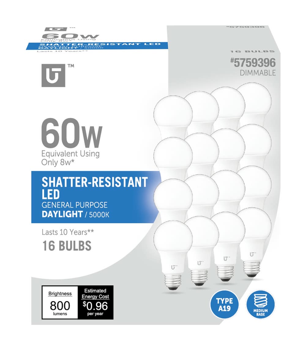 Utilitech 60 -Watt EQ A19 Daylight Medium screw base E26 Dimmable LED General purpose Light Bulb 16 -Pack