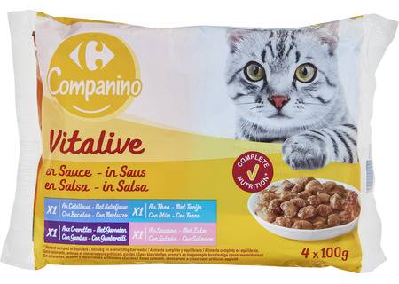 Pâtée pour chats assortiment en sauces CARREFOUR COMPANINO - les 4 sachets de 100g