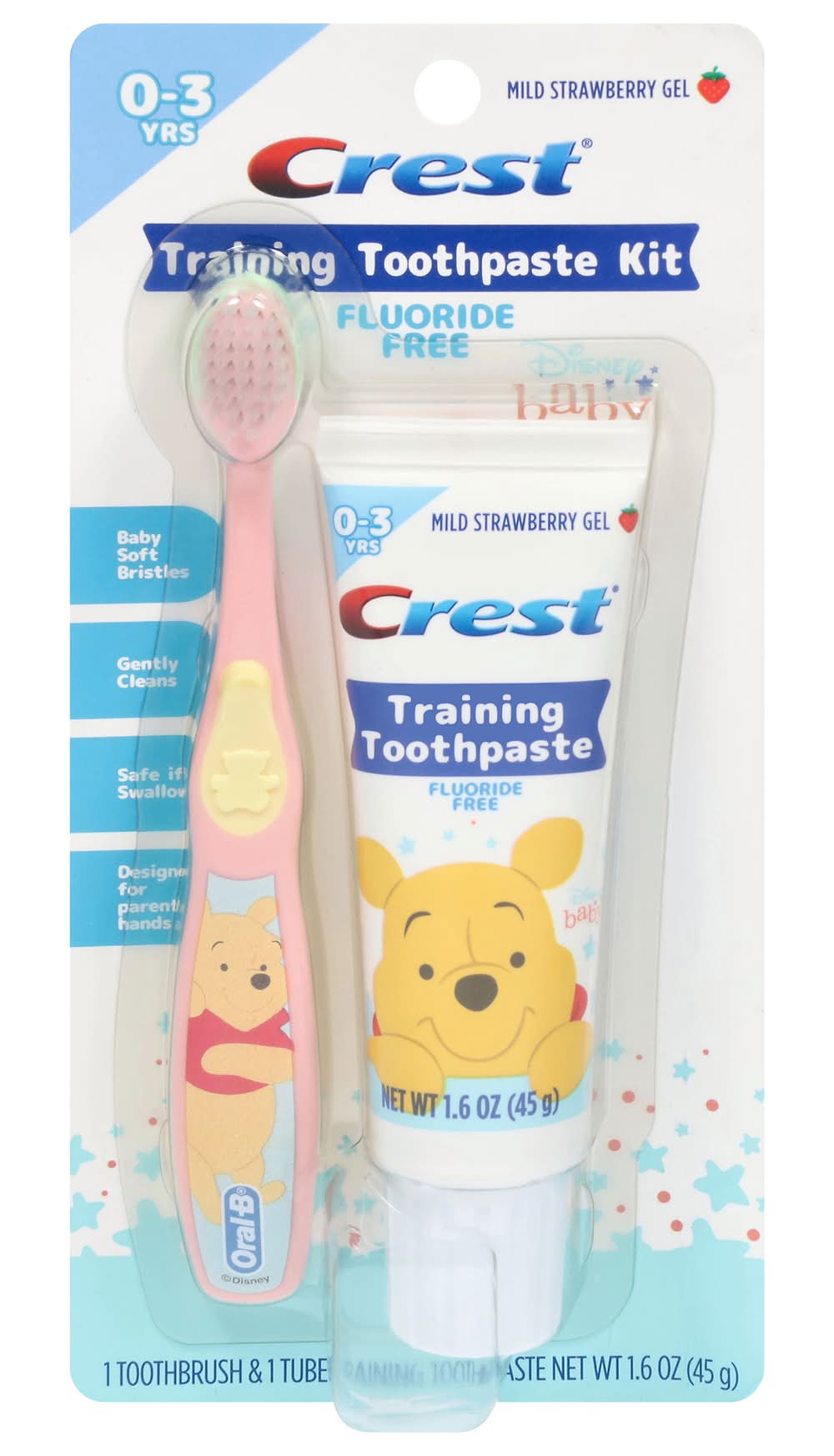 Oral-B Crest Baby Mild Strawberry Gel 0-3 Years Fluoride Free Toothpaste Kit (1.6 oz)