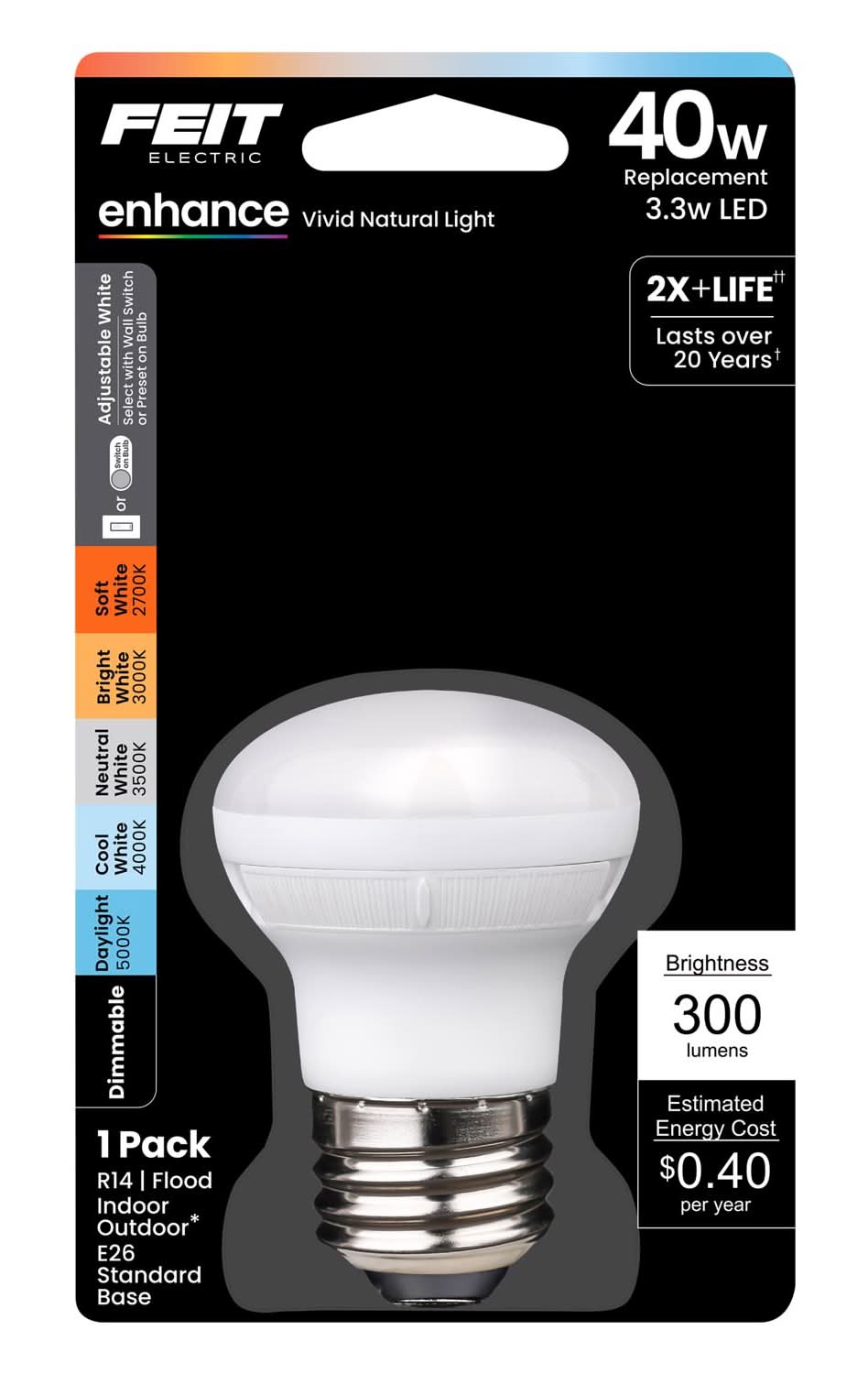 Feit Electric R14 E26 (Medium) Led Bulb Adjustable White 40 Watt Equivalence 1 Pk