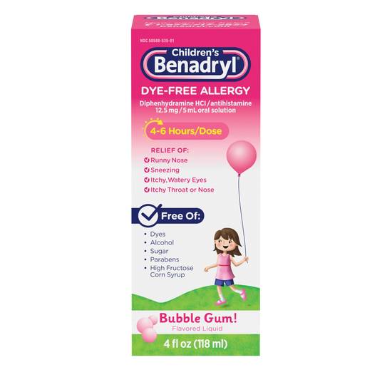 Children's Benadryl Dye-Free Allergy Liquid, 12.5mg Diphenhydramine HCl, Bubble Gum, 4 FL OZ