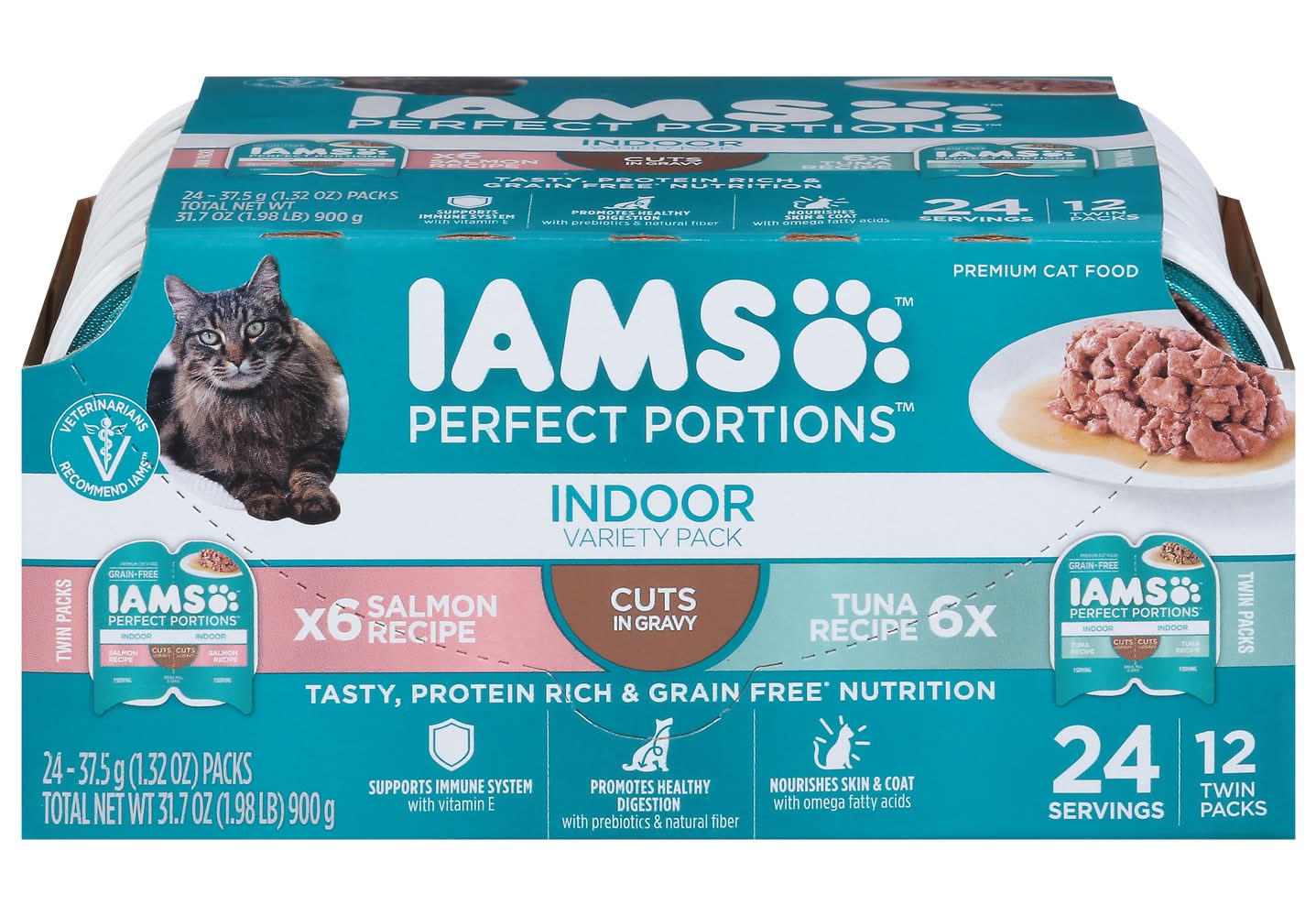 Iams Perfect Portions Indoor Premium Cat Food Variety pack, Salmon-Tuna (24 x 1.32 oz)