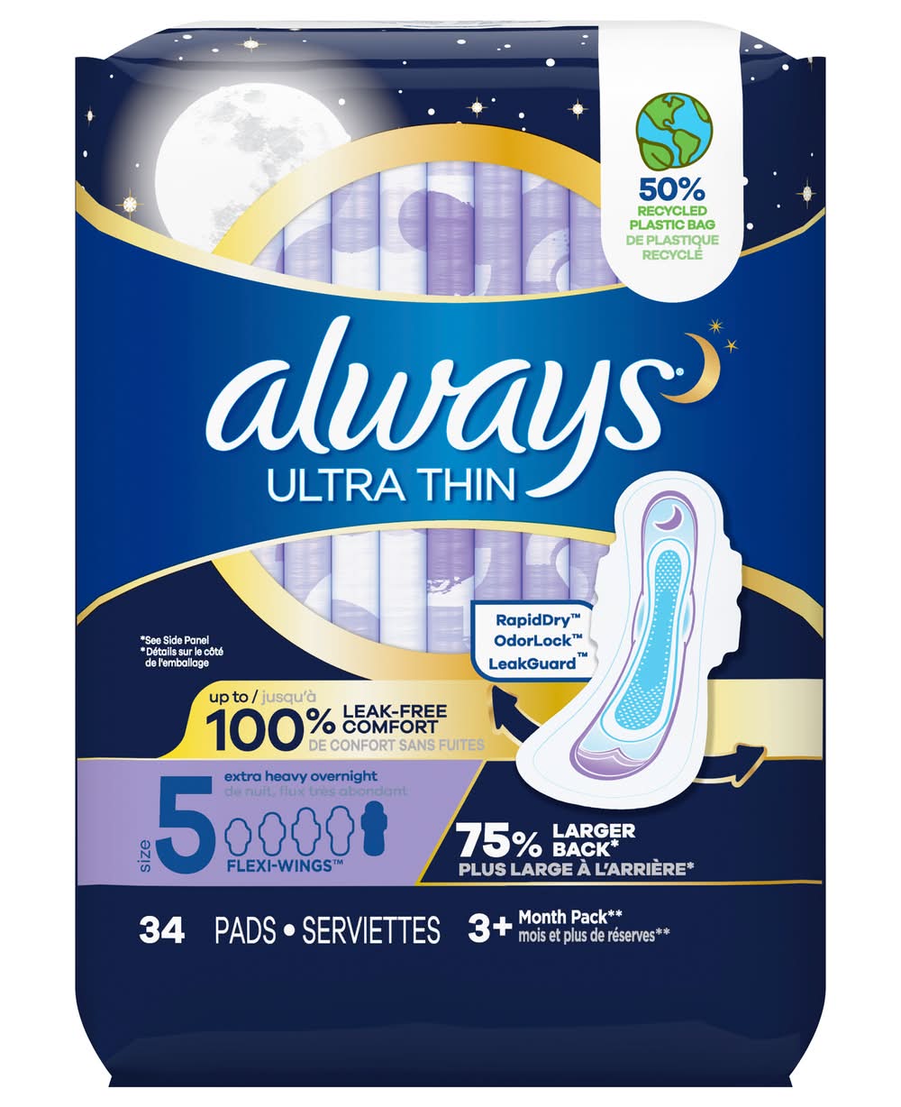 Always Ultra Thin Extra Heavy Overnight Pads, 5 (34 ct)