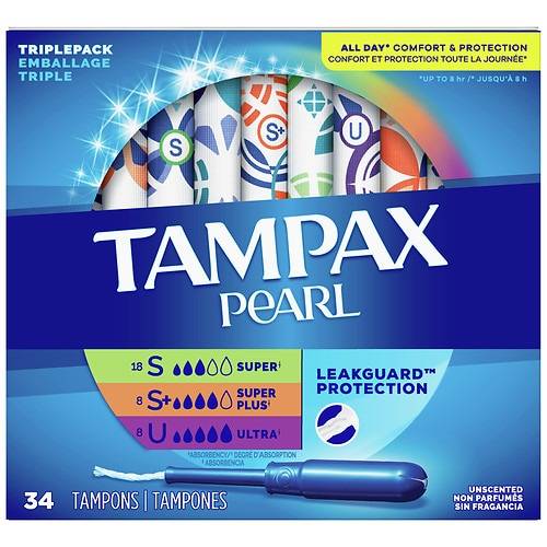 Tampax Pearl Tampons, Multipack Unscented, Super + Super Plus + Ultra Absorbency - 34.0 ea