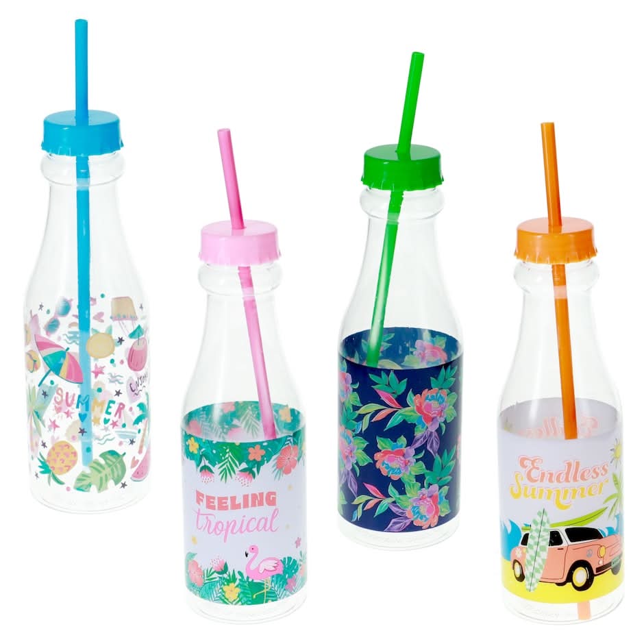 Summer-Themed Reusable Plastic Water Bottle with Straw, 22 oz.