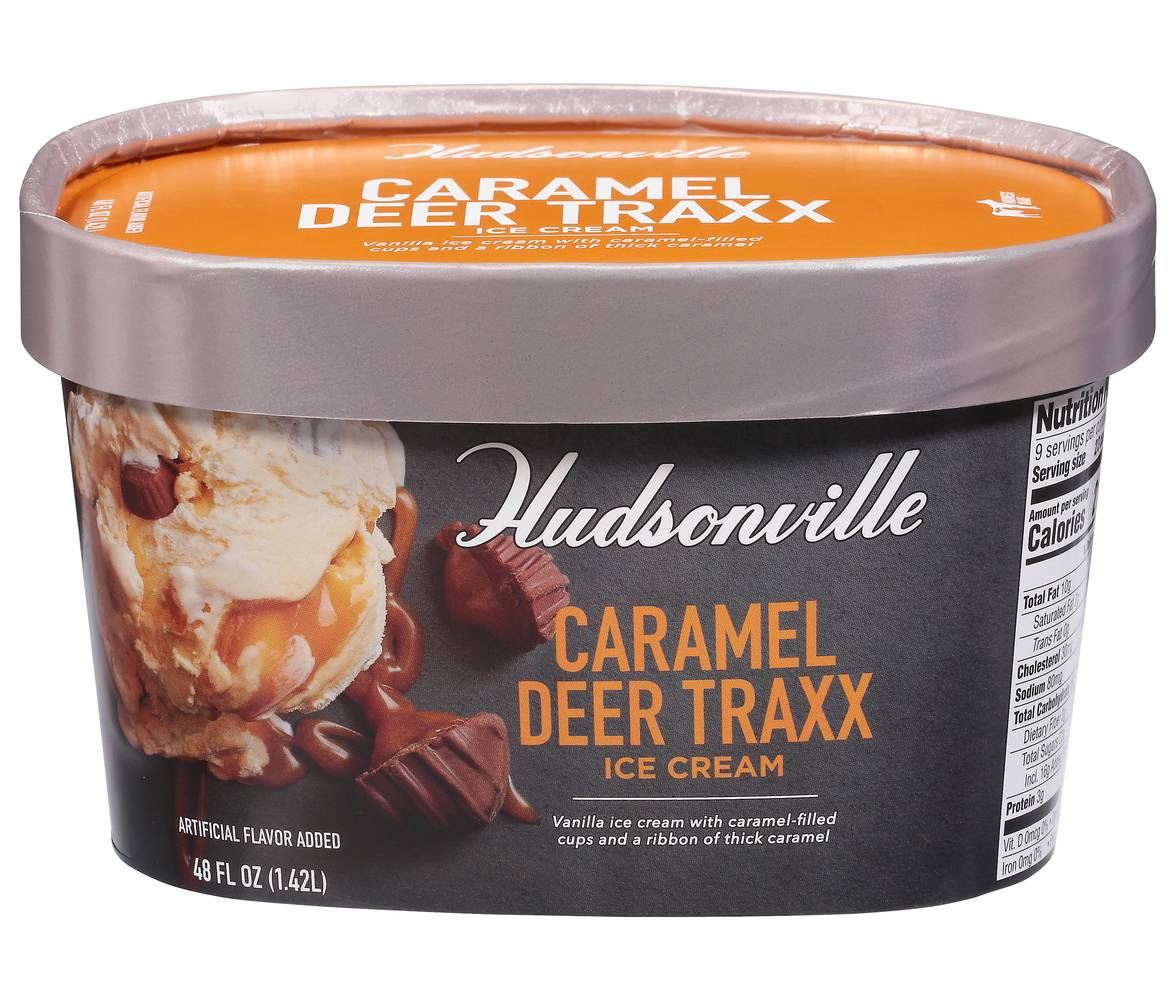 Hudsonville Caramel Deer Traxx Ice Cream, Vanilla (48 fl oz)