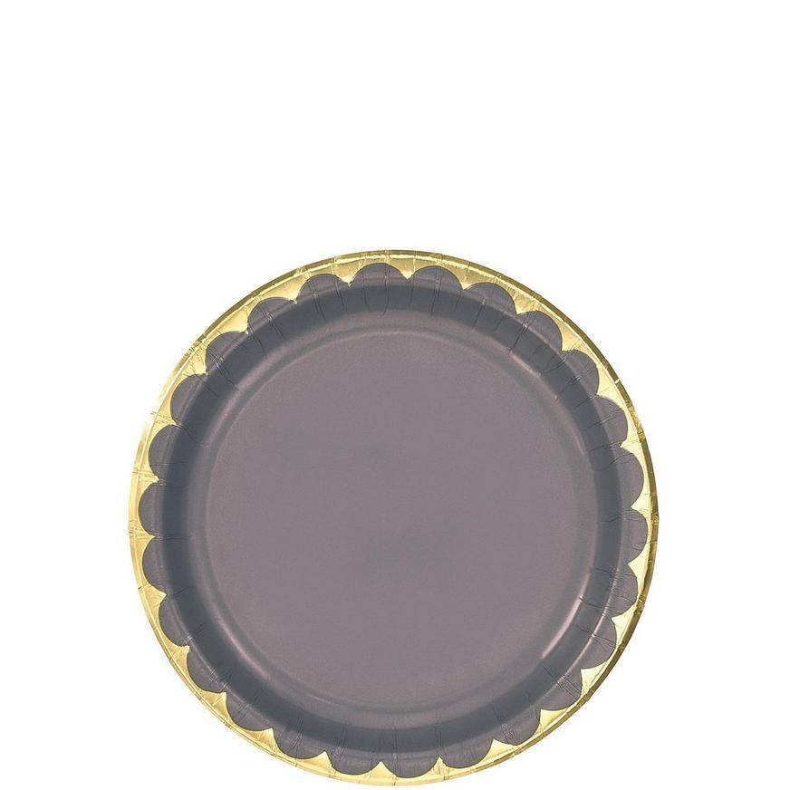 Gray Metallic Gold-Trimmed Scalloped Paper Dessert Plates, 6.75in, 8ct