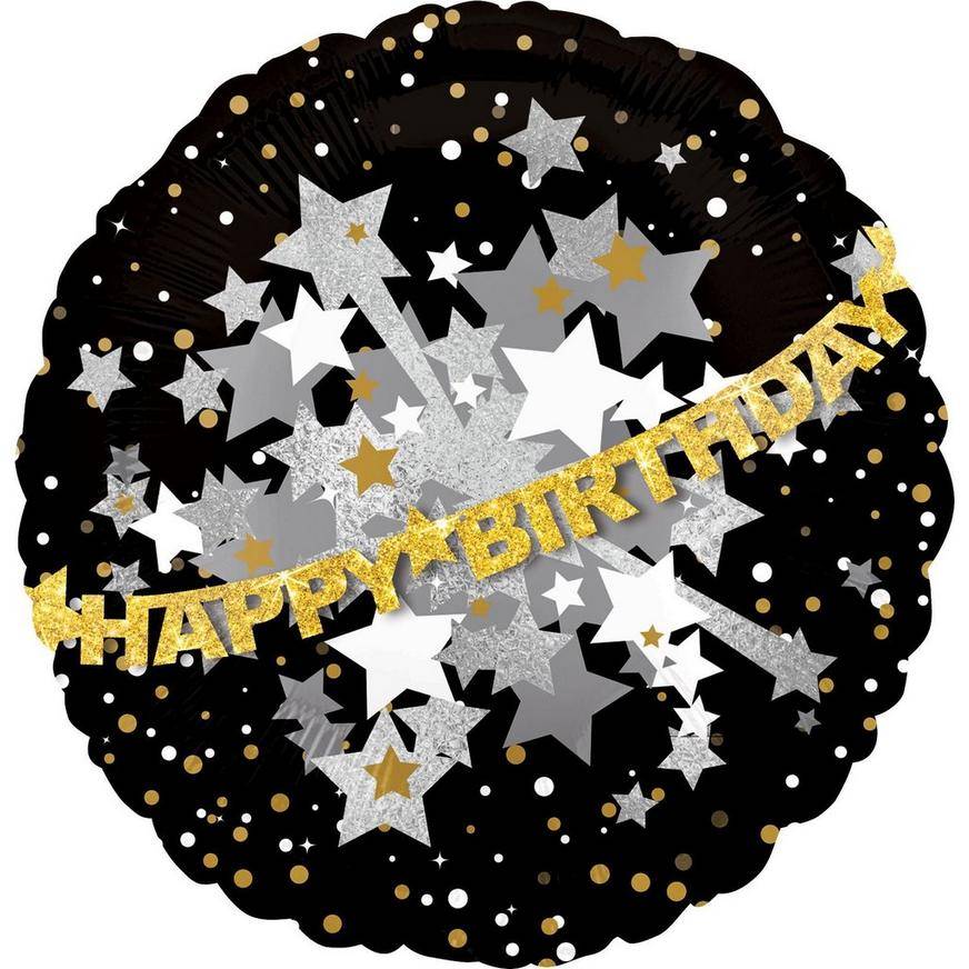 Uninflated Happy Birthday Balloon - Prismatic Black, Gold Silver, 32in