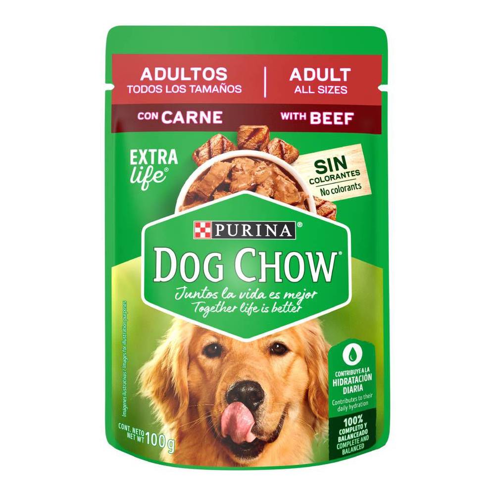 Dog chow alimento húmedo para perro adulto sabor carne (sobre 100 g)