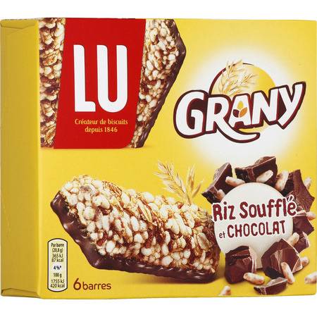 Barres céréales au riz soufflé et au chocolat GRANY - La boîte de 6 barres - 125g