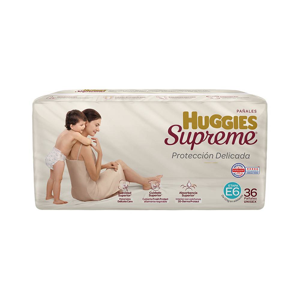 Huggies Supreme · Pañales protección delicada, unisex, Etapa 6 (36 un)