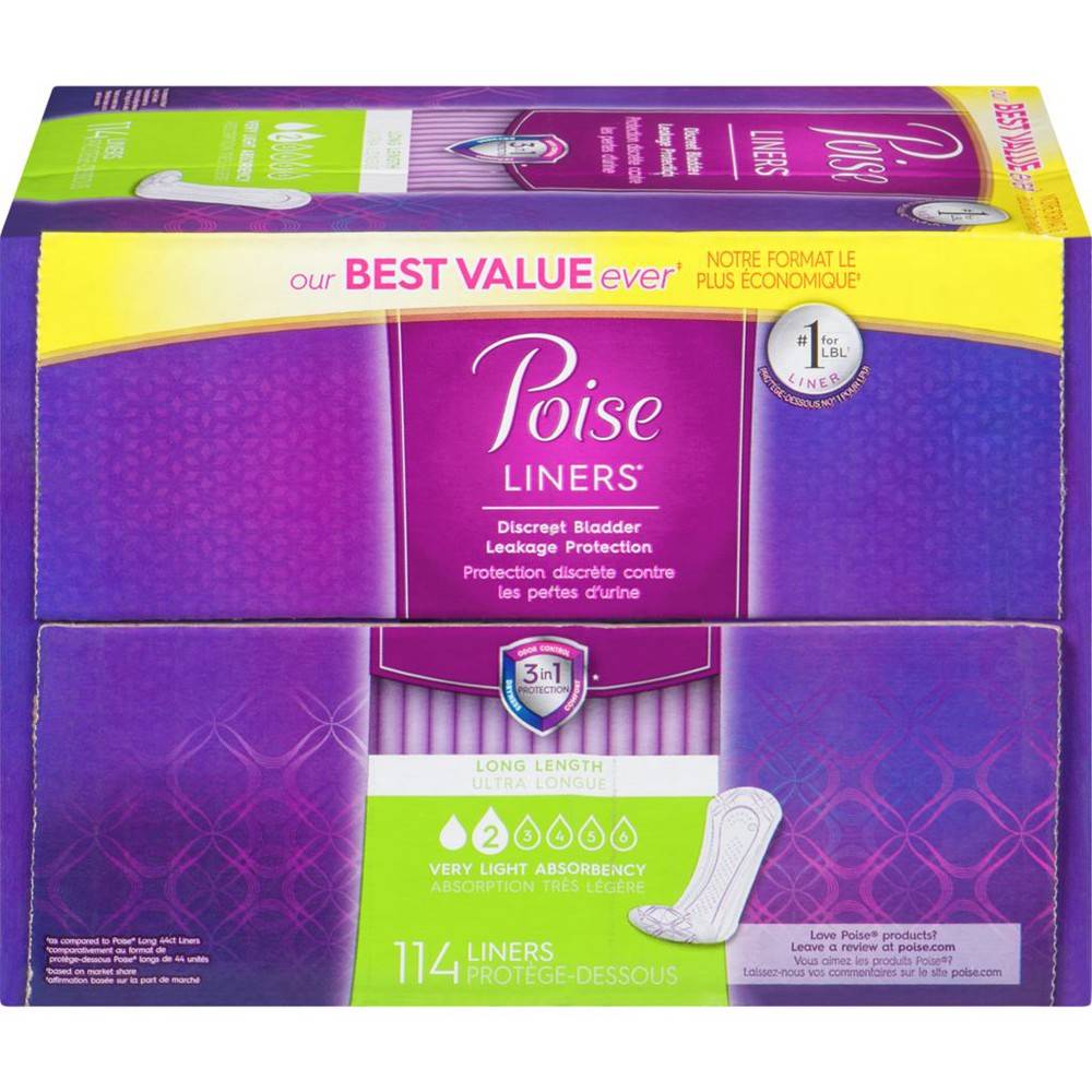 Poise Liners Long Length Very Light Absorbency 114 Liners (220 g)