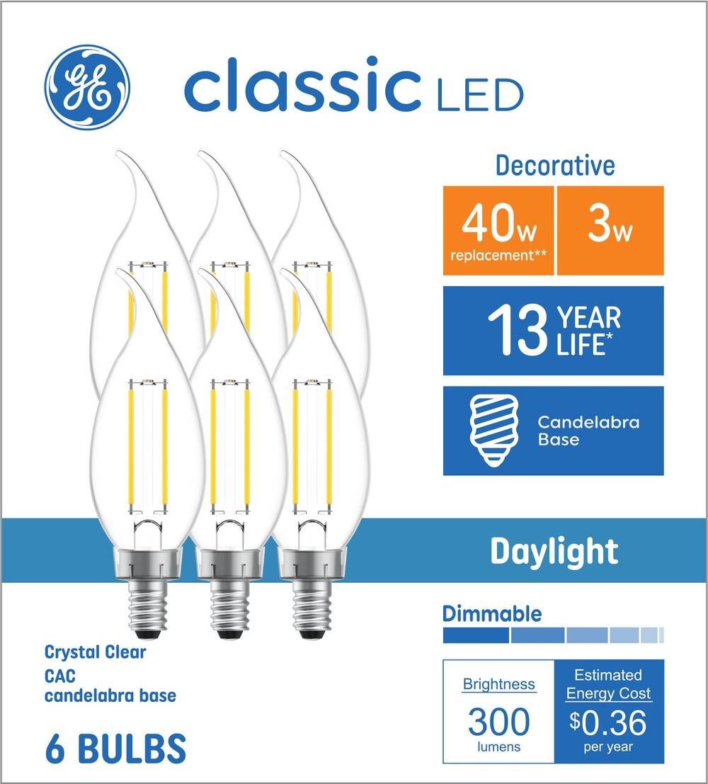 GE 40-Watt EQ CAC Daylight Candelabra Base (e-12) Dimmable LED Decorative Light Bulb (6-Pack) | 93131047