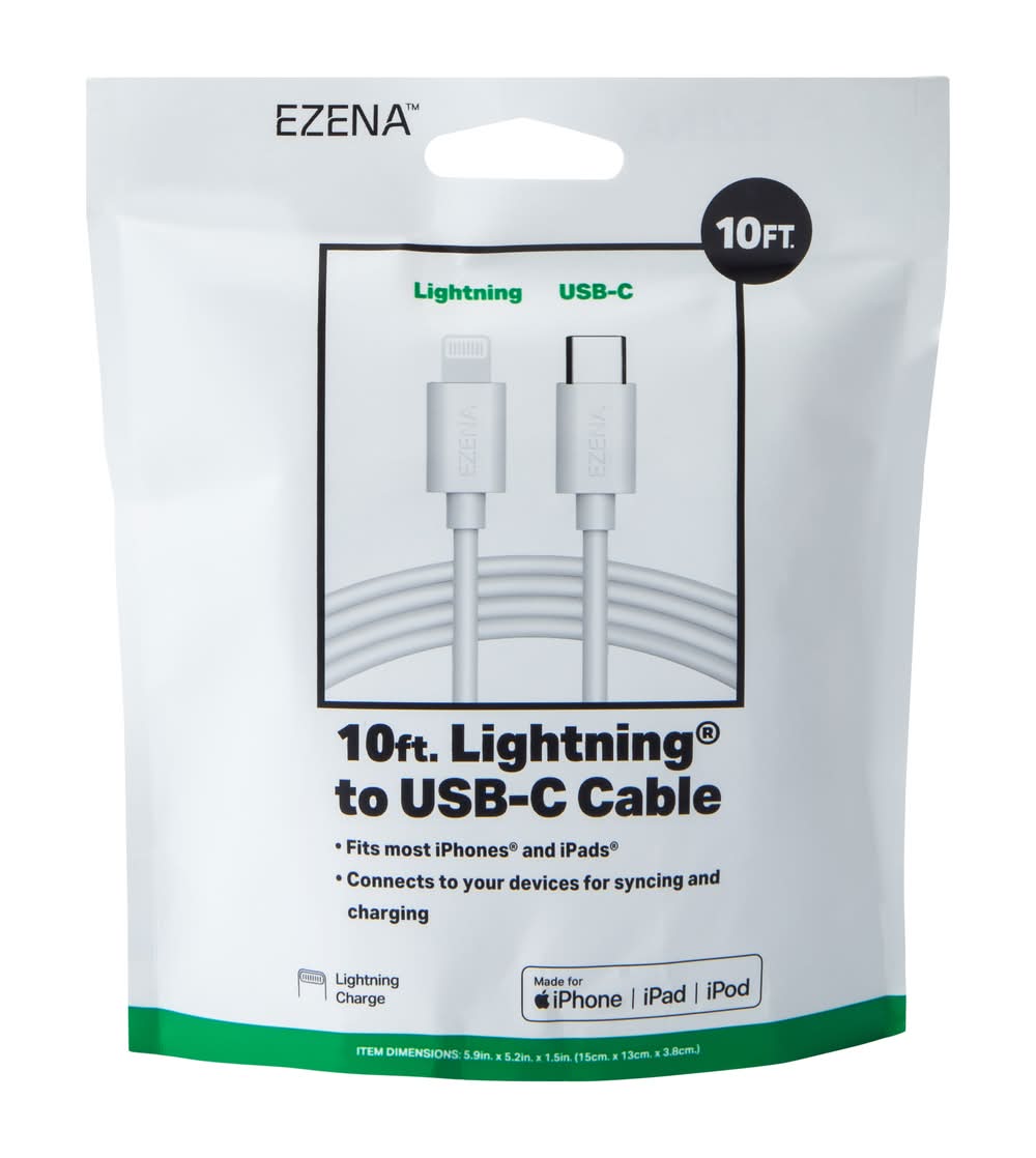 Ezena Lighting To Usb-C Cable, 10 ft, White