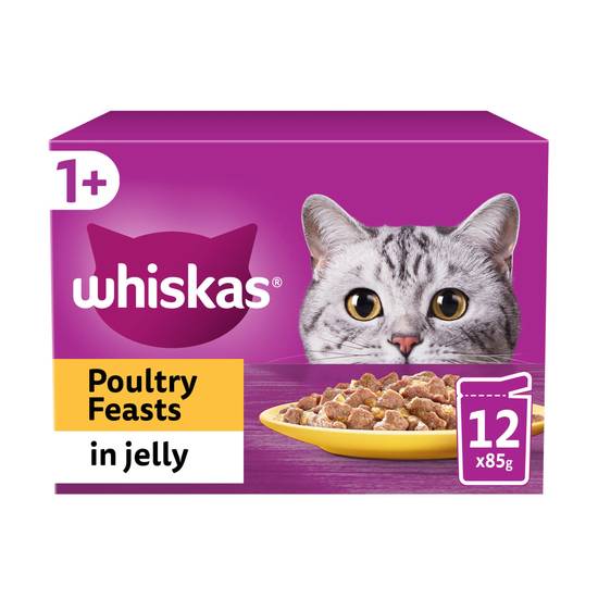 Whiskas 1+ Poultry Feasts Adult Wet Cat Food Pouches in Jelly 12x85g