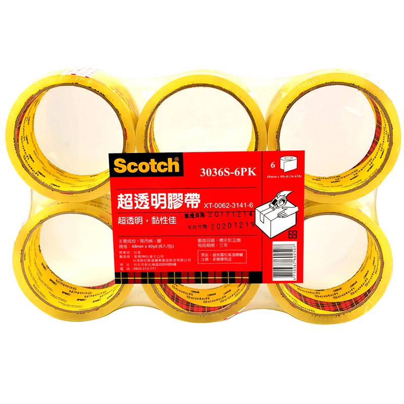 3M Scotch 超透明封箱膠帶 48mmX40Yd(6個/組) <6PC個 x 1 x 1Pack包>