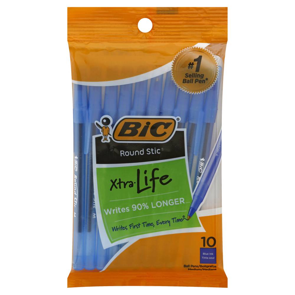 BiC Round Stic Xtra Life Blue Ink Medium Ball Pens