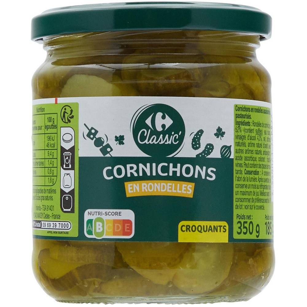 Cornichons en rondelles assaisonnés CARREFOUR CLASSIC' - le bocal de 185g net égoutté