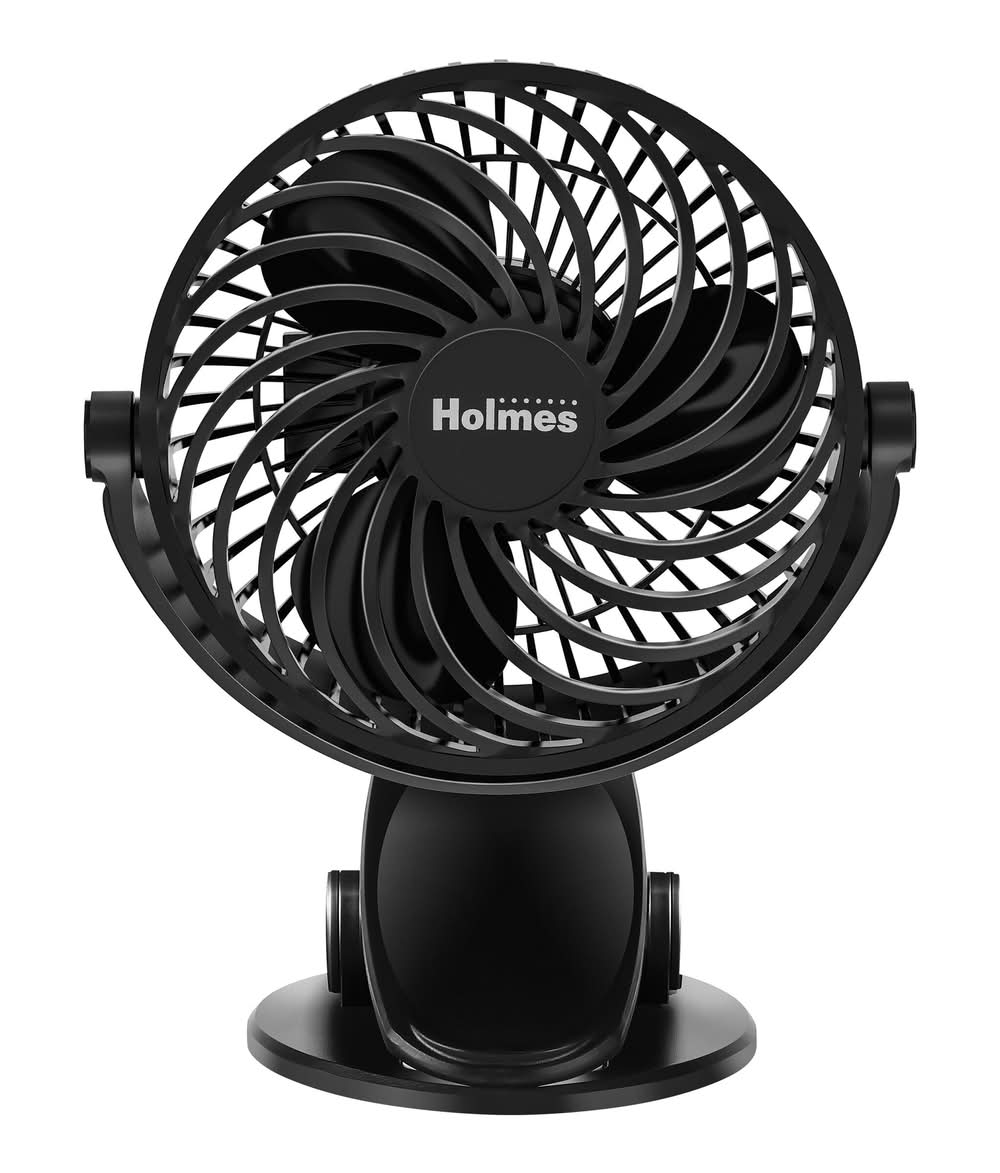 Holmes On the Go Rechargeable Battery Fan With Clip, 4 in, Black