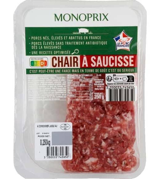 Monoprix Chair À Saucisse De Porc Élevé Sans Traitement Antibiotique La Barquette De 250 G
