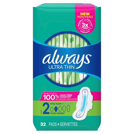 ALWAYS Ultra Thin Size 2 Super Pads With Wings Unscented, 32 Count