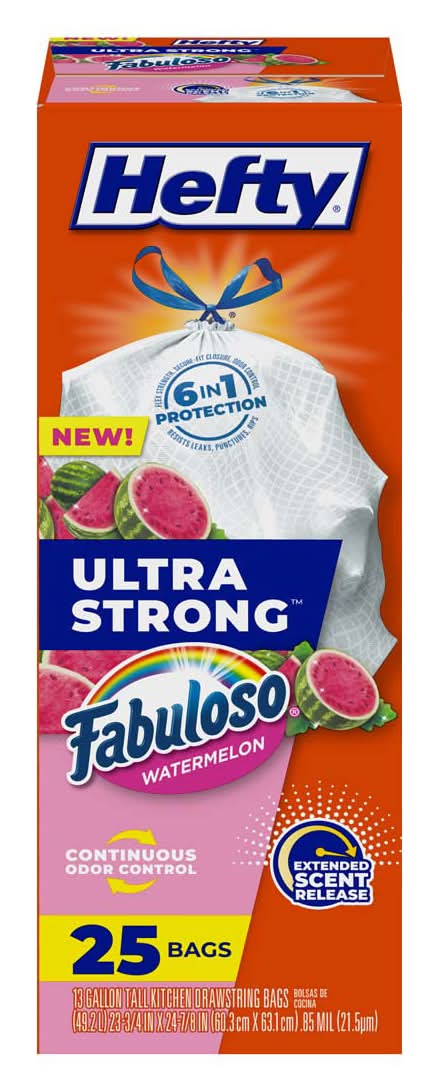 Hefty Ultra Strong Drawstring Kitchen Trash Bags 13 Gal, Fabuloso Watermelon, 60.3X 63.1 cm (25 ct)