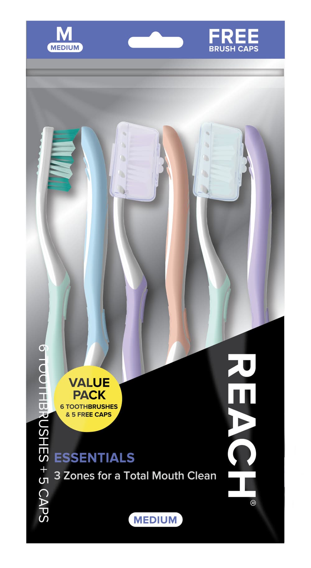 Reach Essentials Toothbrush With Free Brush Covers Value pack, M (3.9 oz, 6 ct)