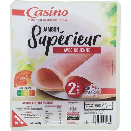 Casino Jambon supérieur - Avec couenne - 2 tranches 80g