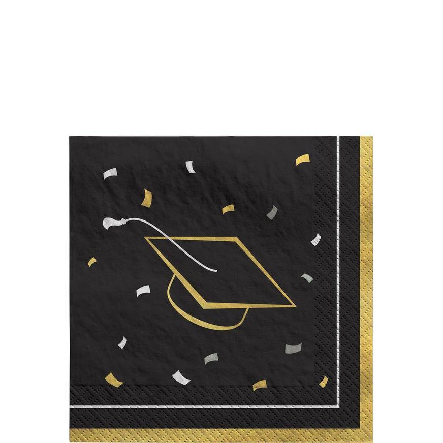 Black, Silver Gold Grad Cap Confetti Paper Beverage Napkins, 5in, 40ct - Class Dismissed