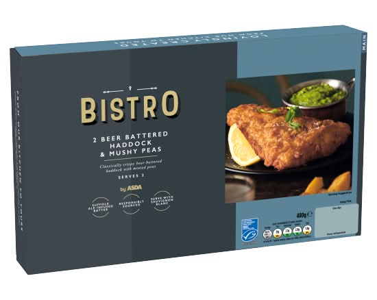 Asda - ASDA Bistro 2 Beer Battered Haddock & Mushy Peas (480g) - Delivery  in Under an Hour | Uber Eats
