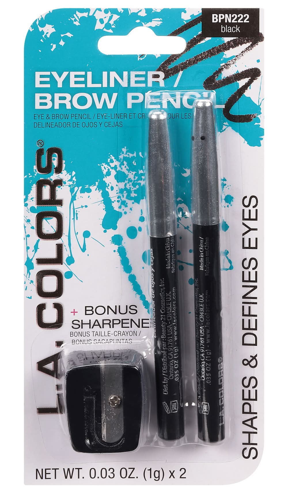 L.A. Colors Eyeliner/Brow Pencil + Bonus Sharpener, Black (2 g, 2 ct)