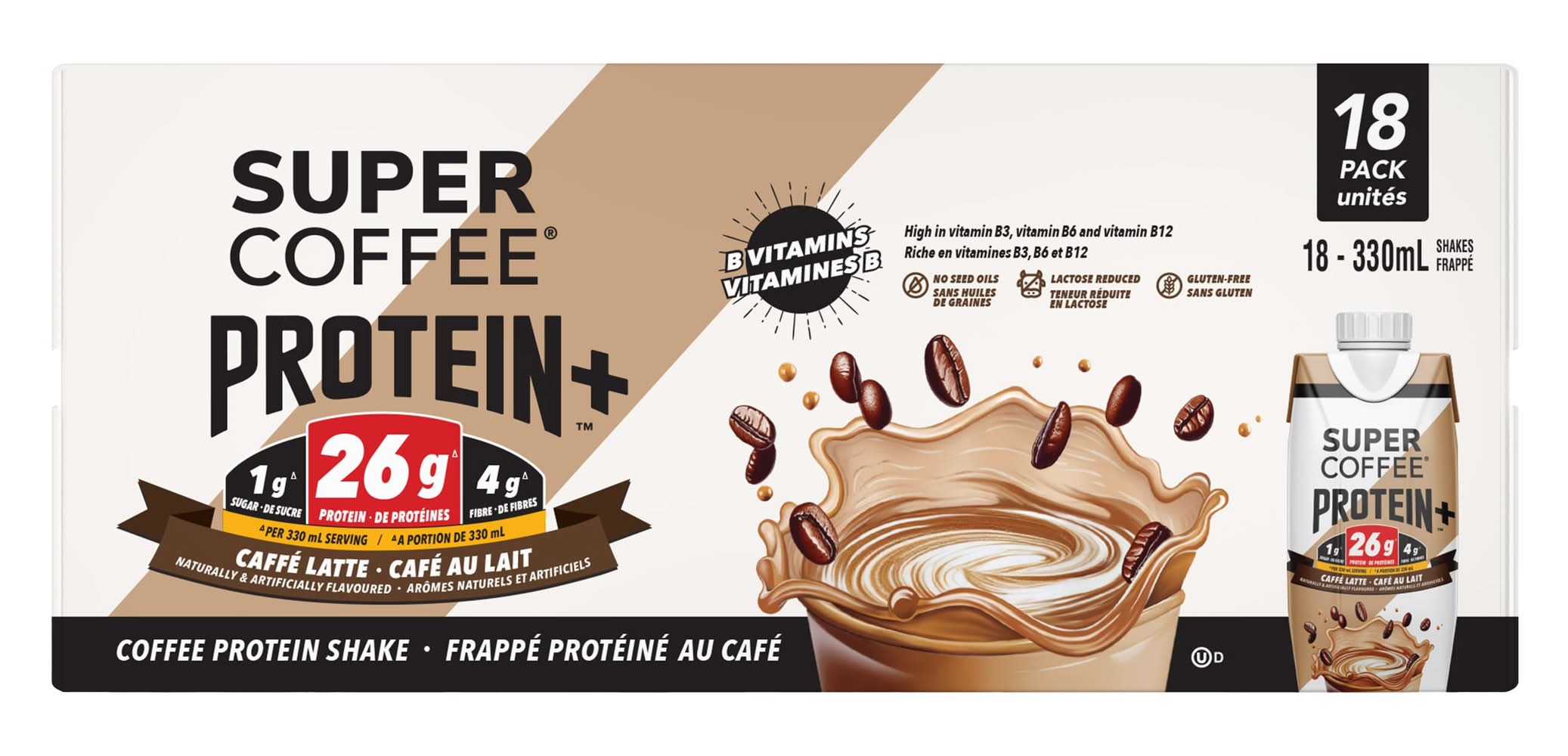 Super Coffee Protein+ - Shake Protéiné Au Café Au Lait, 18 X 330 Ml / Super Coffee Protein+ Caffé Latte Protein Shake, 18 X 330 Ml