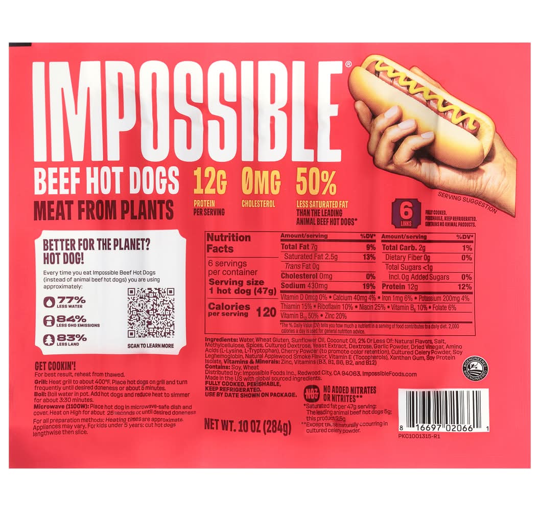 Impossible Beef Hot Dogs Meat From Plants Fully Cooked (10 oz, 6 ct)