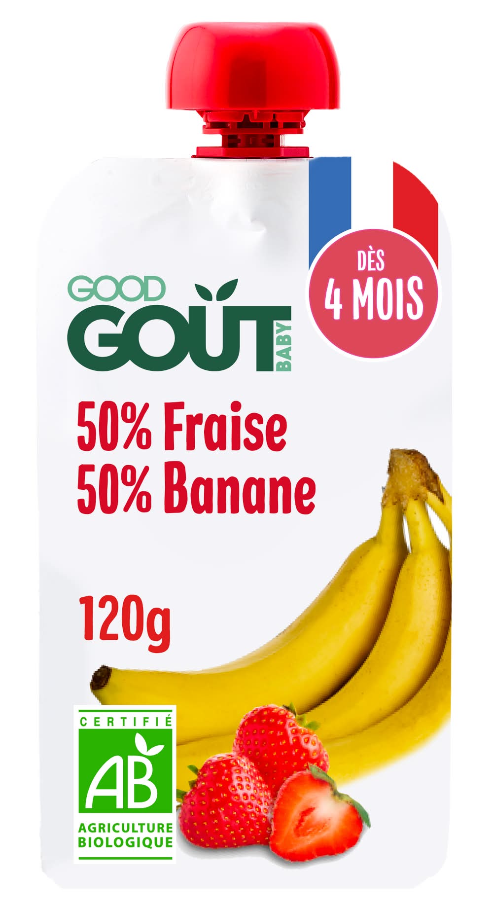 Good Goût - Purée de fruits à boire pour bébé sans sucres ajoutés, fraise-banane, Dès 4 Mois (120g)
