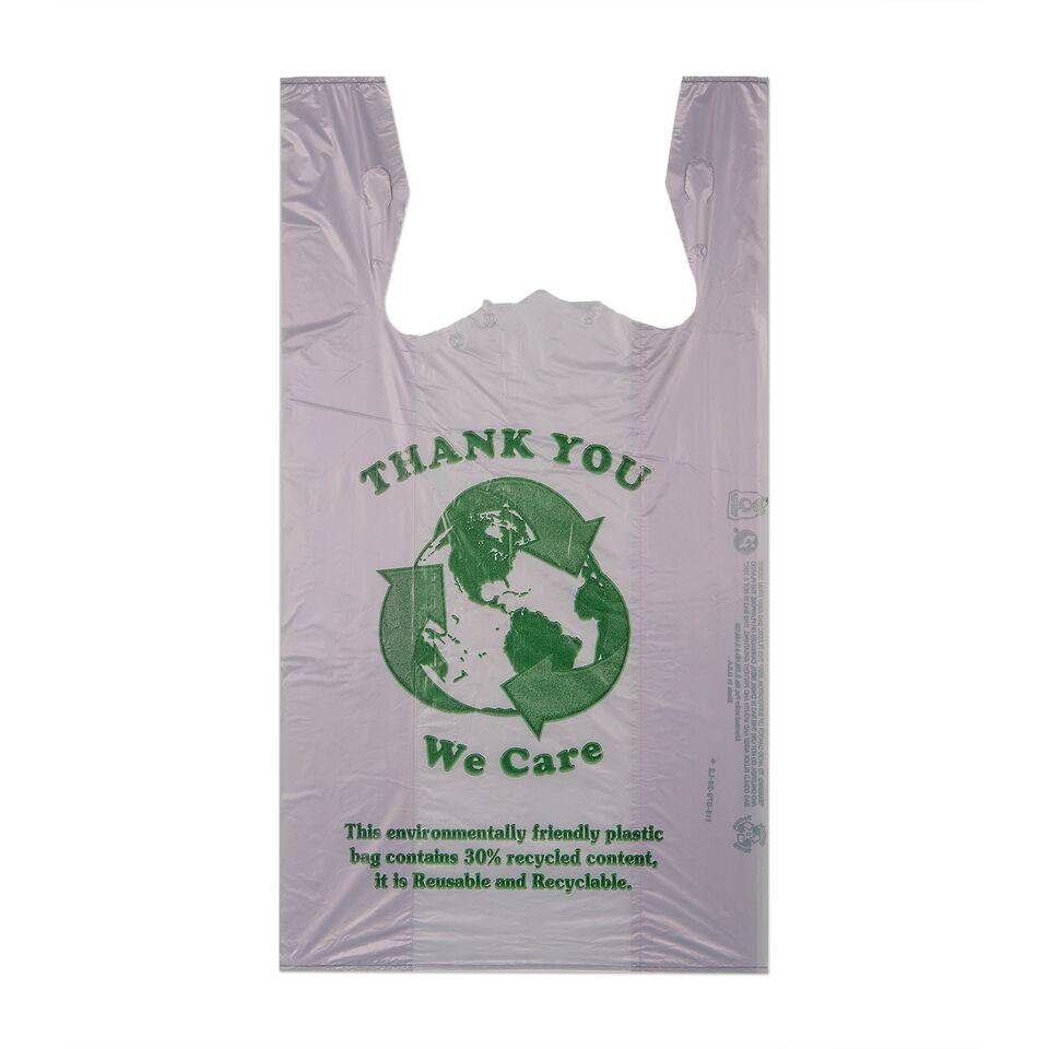 Plastic T-Shirt Bags, with Recycle Content Print - 1/6 size, 11.5x6.5x21.5, 14 Mic - 500/cs (1X500|1 Unit per Case)