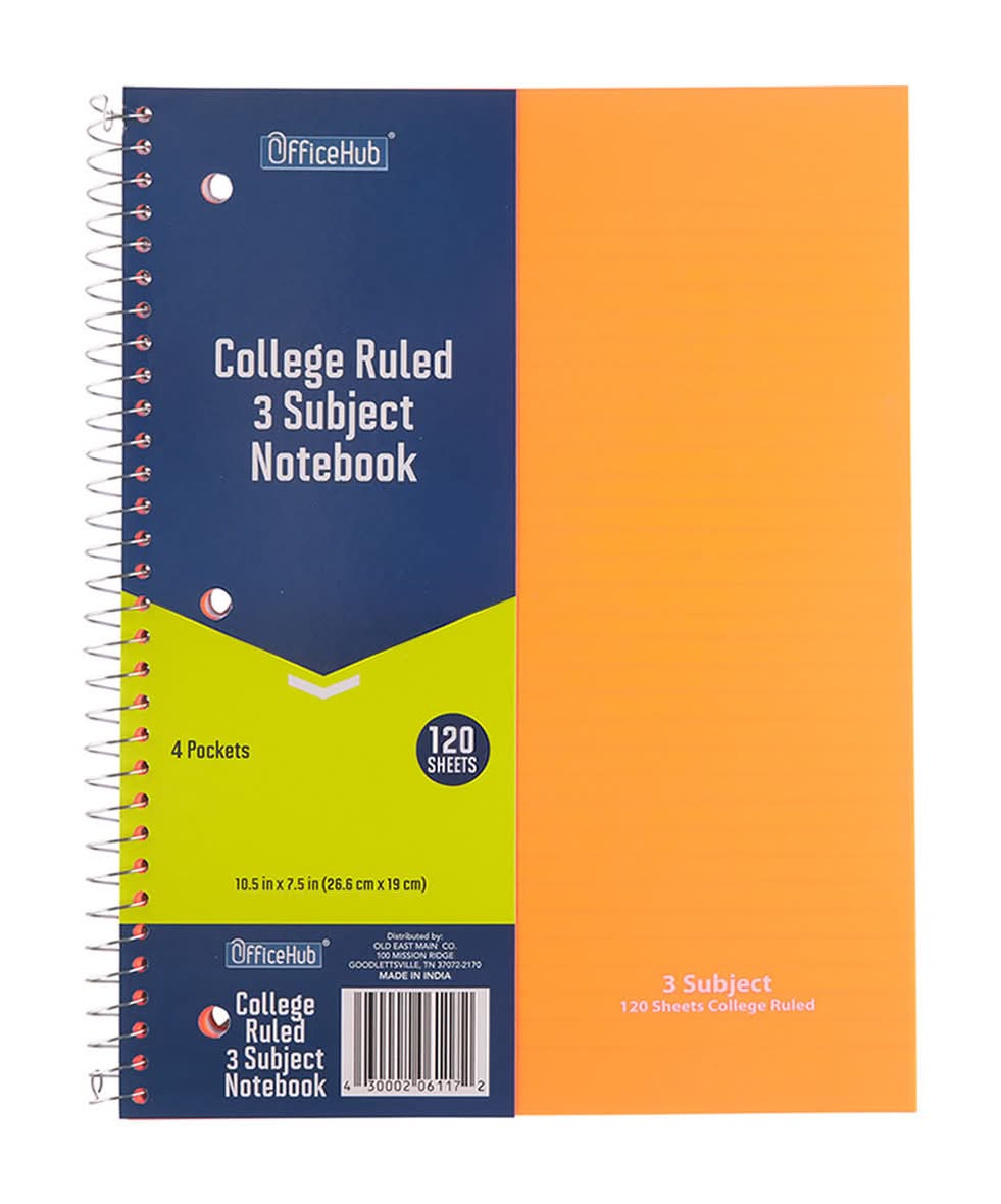 Office Hub College Ruled 3 Subject Spiral Notebook Assorted