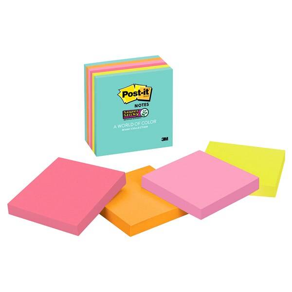 Post-It Super Sticky Notes, 3 In. X 3 In., Miami Collection, 6 Pads/Pack