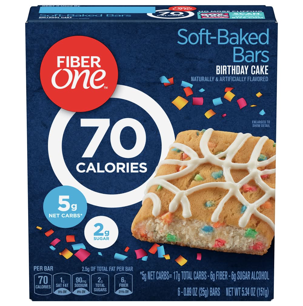 Fiber One 70 Calories Soft Baked Bars, Birthday Cake (0.89 oz, 6 ct)