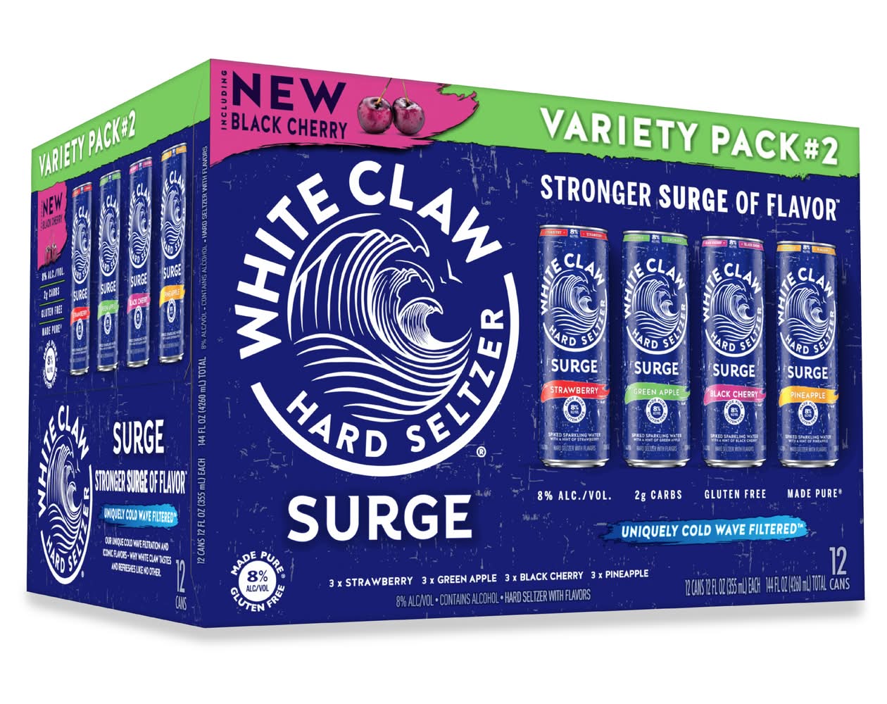 White Claw Gluten Free Surge Hard Seltzer Variety pack, Strawberry-Green Apple-Black Cherry-Pineapple (12 x 12 fl oz)
