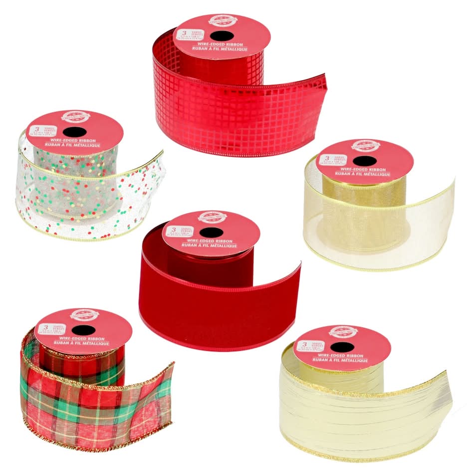 Christmas House Wire-Edged Festive Holiday Ribbon, 2.5x108 in, Assorted