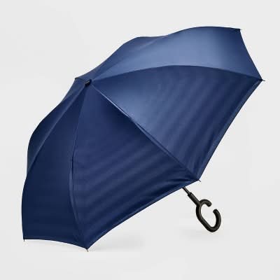 ShedRain Unbelievabrella Striped Reverse Opening Stick Umbrella, Navy Blue