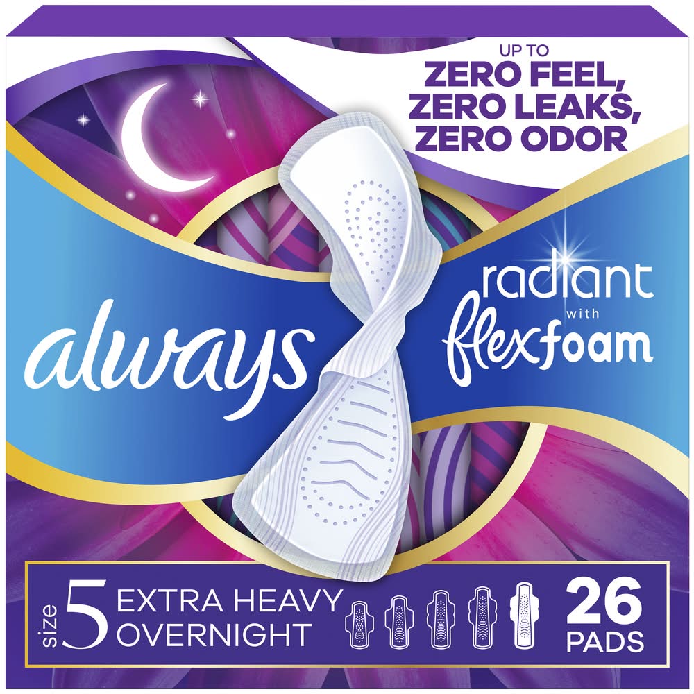 Always Radiant Extra Heavy Overnight Flex Foam Sanitary Pads, 5 (8.15 oz, 26 ct)