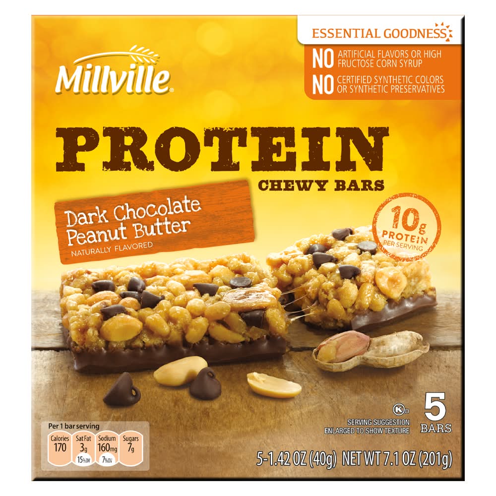 Millville Protein Chewy Bars, Dark Chocolate Peanut Butter (5 x 1.42 oz)