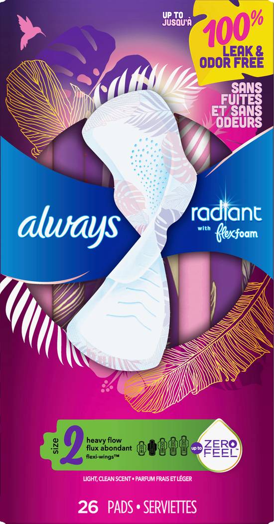 Always Radiant Flexfoam Pads For Women Heavy Flow Absorbency Leak & Odor Free Light Scented