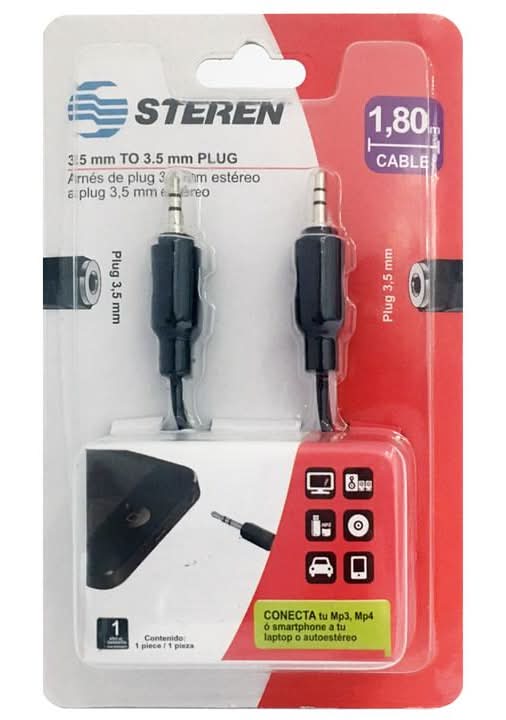 Steren · Cable auxiliar plug 3,5 mm a plug 3,5 mm de 1,8 m, negro (136,07 g)